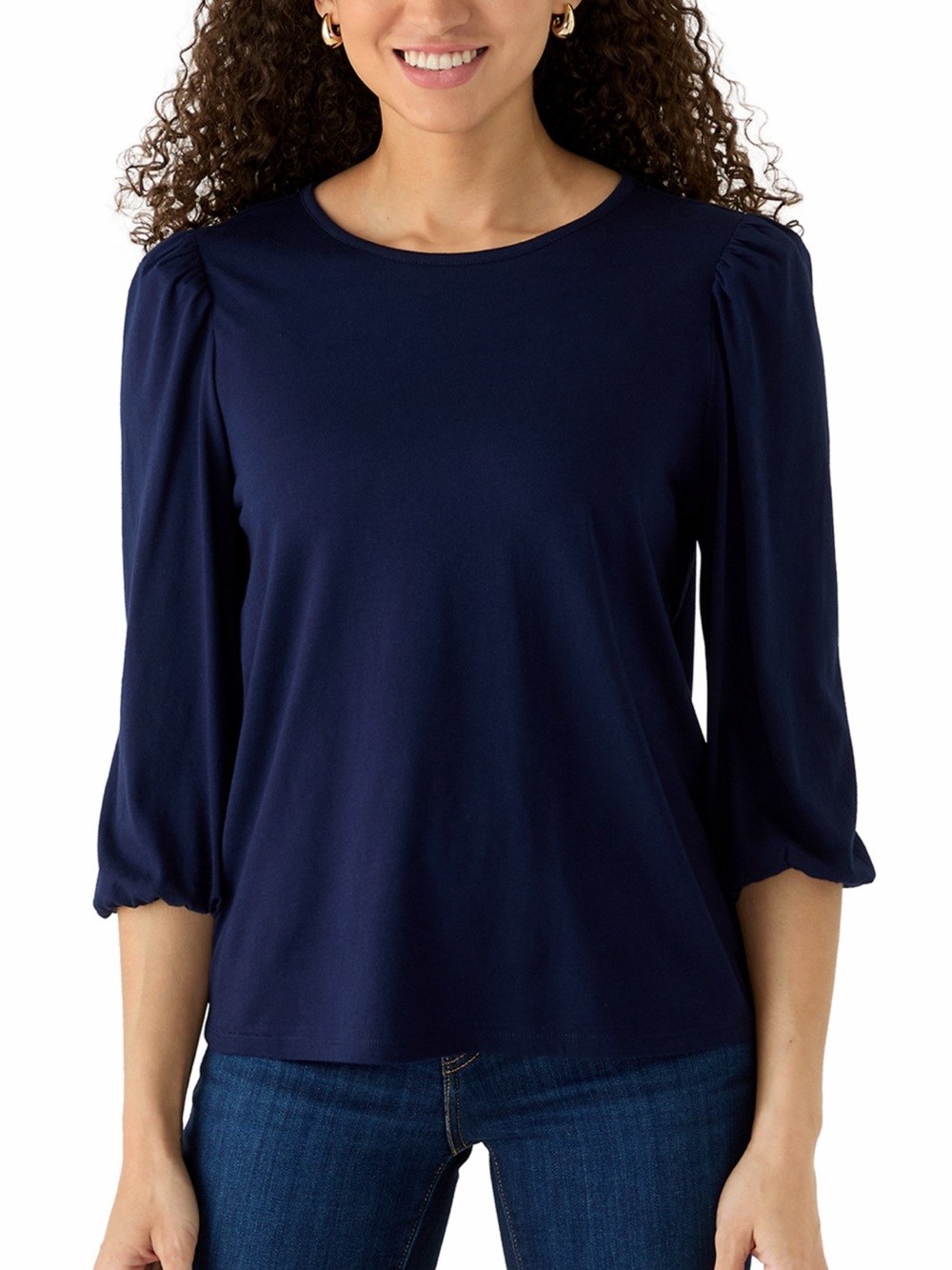 Crown & Ivy Petite 3/4 Puff Sleeve Solid Top Navy Blue